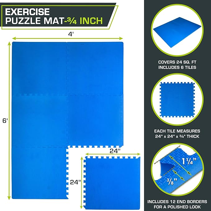 ProsourceFit Extra Thick Puzzle Exercise Mat , EVA Foam Interlocking Tiles for Protective, Cushioned Workout Flooring for Home and Gym Equipment, Blue - 3/4 inch - 24 Sq Ft - 6 Tiles