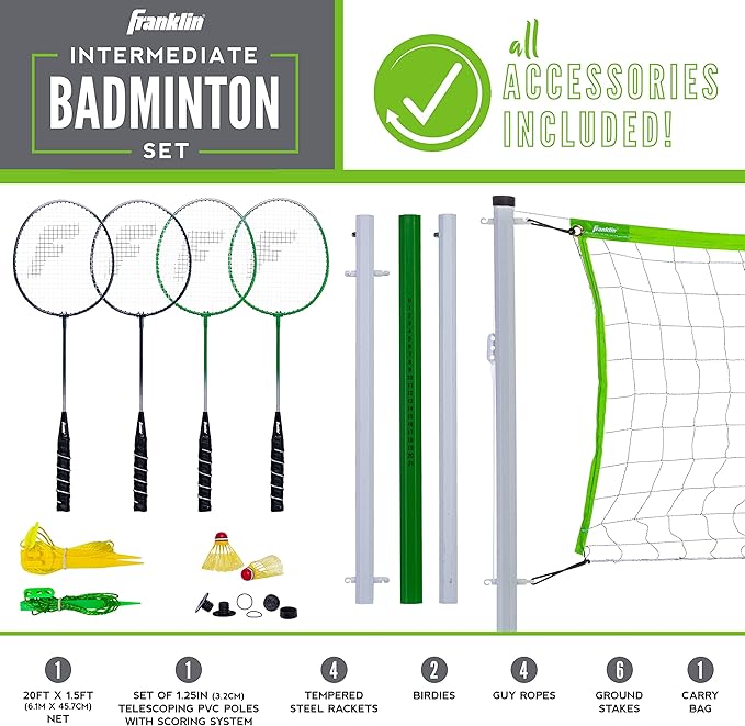 Franklin Sports Badminton Set - Portable Badminton Set - Adult and Kids Badminton Net - Perfect Backyard/Lawn Game - Includes 4 Badminton Racquets - Intermediate