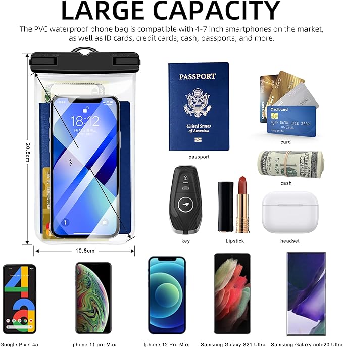 Waterproof Phone Pouch[2Pack], 7.2" Waterproof Dry Bag Clear Waterproof Phone Bag Case Portable Compatible for iPhone16 15 14 13 12 Pro Max Plus XS XR Galaxy S24 S23