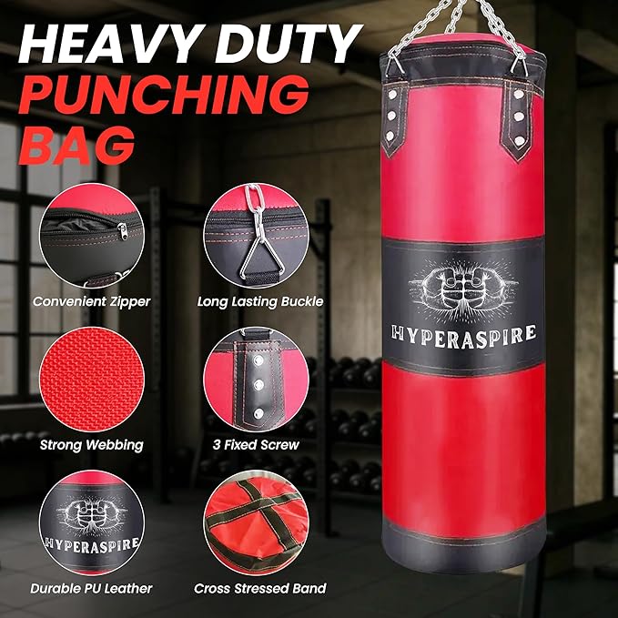 Punching Bag for Adults, 120cm PU Leather Boxing Bag with Foam Lining, Bag with Chain Ceiling Hook, Hand Wraps, and & Hand Wraps etc, Set for MMA Kickboxing Boxing Karate Home Gym Training (Unfilled)