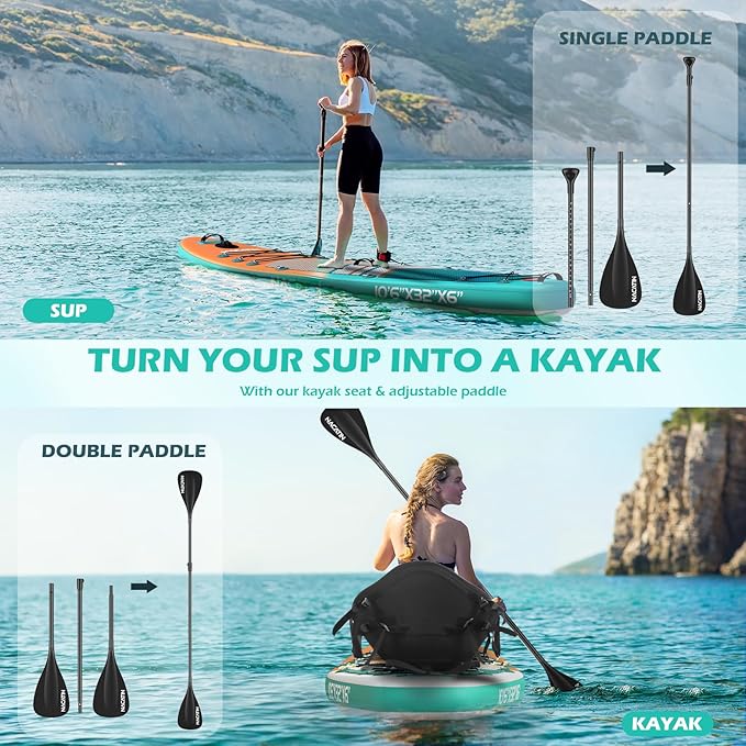 NACATIN Inflatable Stand Up Paddle Board with Kayak Seat,10'6"Upgrade Version Blow Up Paddle Boards for Adults with Premium SUP Accessories&Backpack,Adjustable Paddle,Camera Mount,Fins,Hand Pump