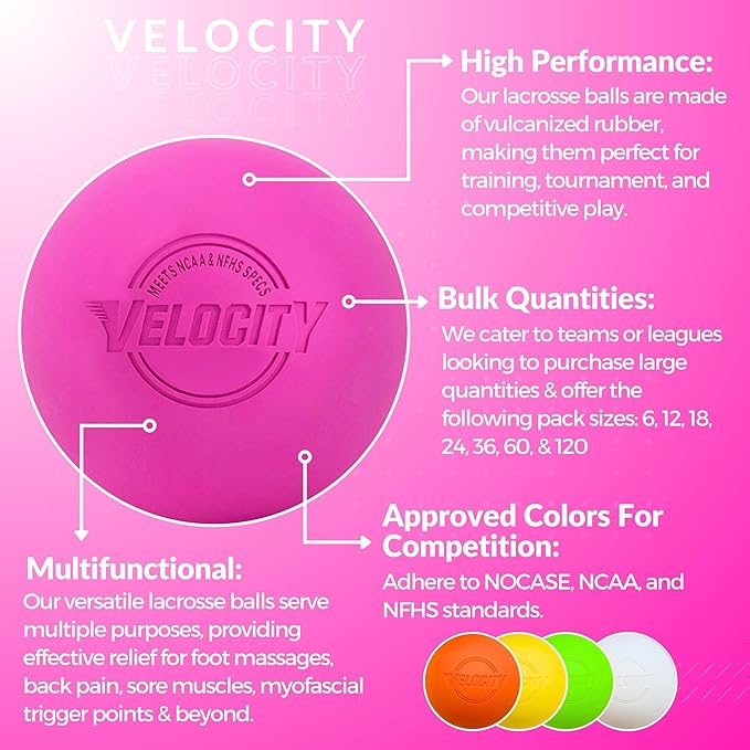 Velocity Lacrosse Balls - 1, 2, 3, 6, 12, 18, 24, 36, 60 and 120 Packs - for Practice, Official NFHS and College Approved Size