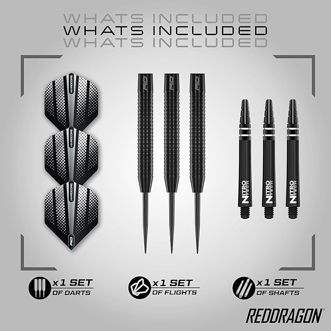 RED DRAGON Razor Edge Black 20g, 22g, 23g, 24g, 26g, 28g Steeltip or 18g Softip Tungsten Darts with Flights and Stems