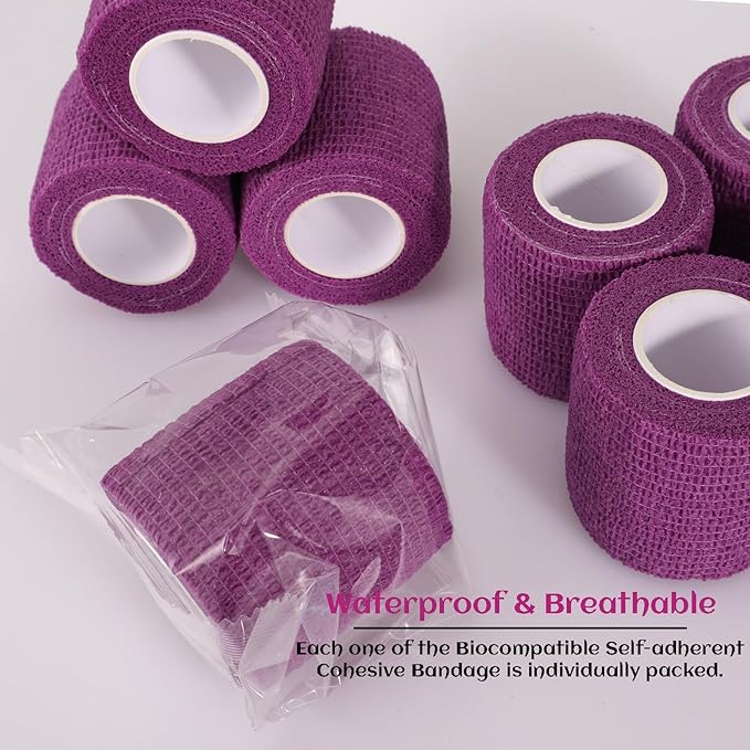24 Rolls Elastic Self Adhesive Bandage Wrap 2 Inch, Breathable Non Woven Cohesive Bandage, Vet Wrap for Dogs, Ankle Sprains Swelling Medical First Aid Tape, Sports Athletic Tape Purple