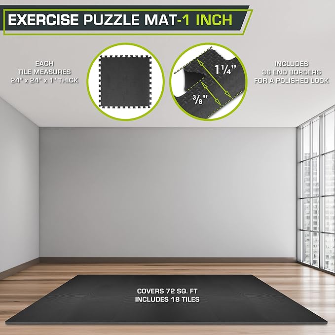 ProsourceFit Extra Thick Puzzle Exercise Mat 1", EVA Foam Interlocking Tiles for Protective, Cushioned Workout Flooring for Home and Gym Equipment, Black 3-Pack