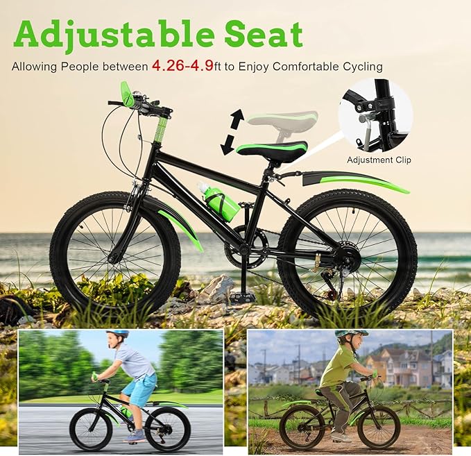 20 Inch Child City Bike, 7 Speeds Adjustable Height High Carbon Steel Kids Mountain Bike, Double Disc Brake Bicycle, Green