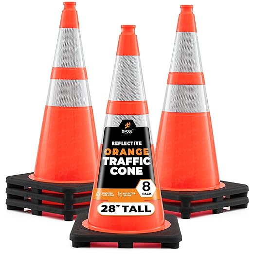 Xpose Safety 28 Inch Orange Traffic Cones with 6" & 4" Collar, 8-Pack - Multipurpose PVC Plastic Safety Cone for Parking, Soccer, Caution, Kids and Construction - DOT Approved