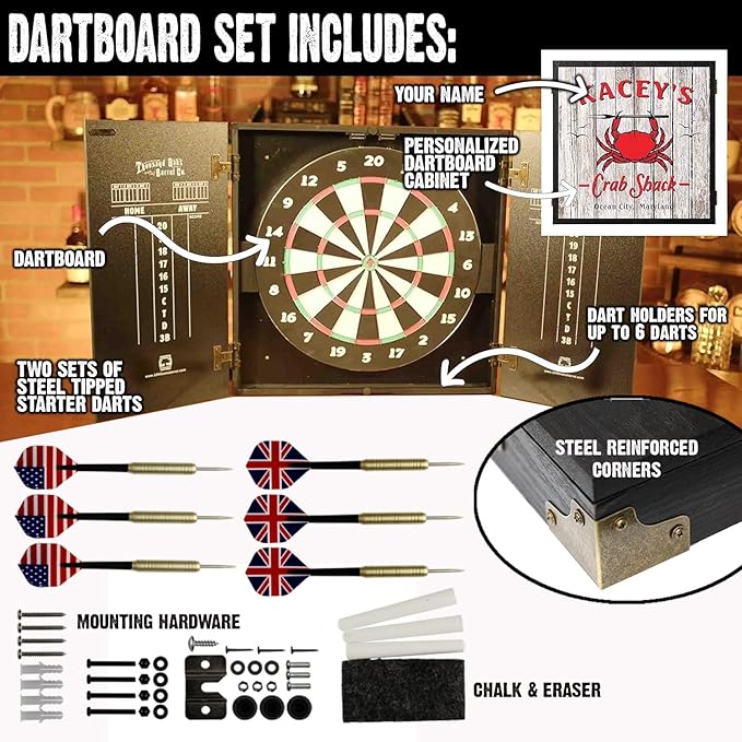 THOUSAND OAKS BARREL CO. | Personalized Dartboard & Cabinet Set with 6 Steel Tip Darts