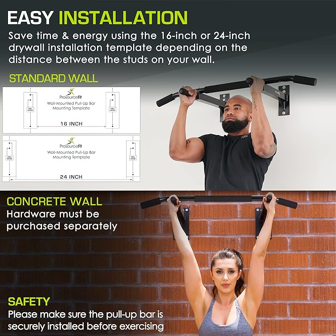 ProsourceFit Wall-Mounted Pull-Up/Chin-Up Bar, Heavy Duty 300 lb. Capacity, Black