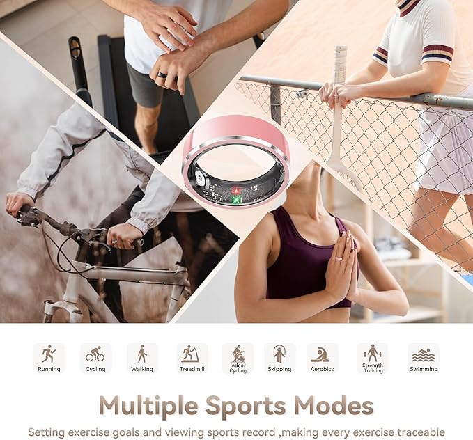Health Smart Ring for Men Women, Fitness Tracker with Heart Rate/Blood Pressure/Blood Oxygen Monitor,Sleep Tracker,Pedometer, IP68 Waterproof Ring for iPhone&Android, No Subscription (Pink, Size9）