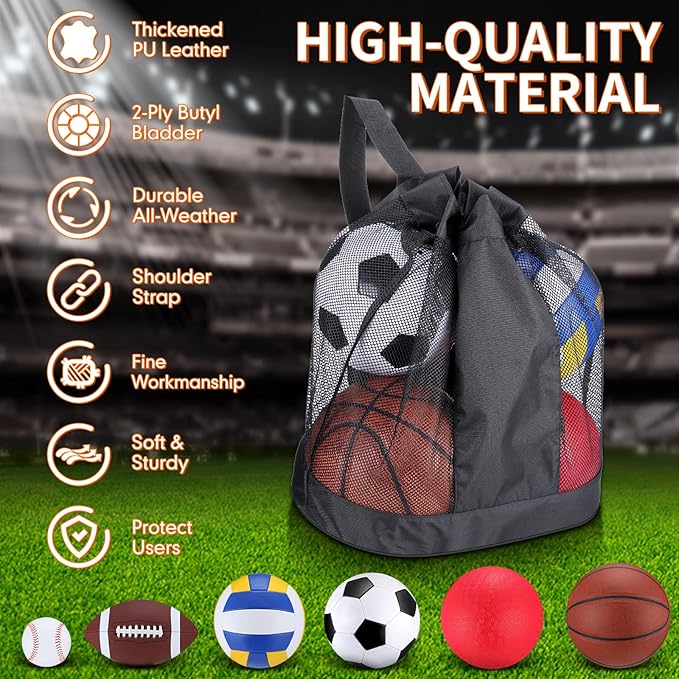 Libima 6 Pcs Multi Sport Ball Set Official Size Football, Basketball, Soccer, Volleyball, Playground Ball, Baseball with Sports Equipment Bag Pump for Teen Adult Back to School