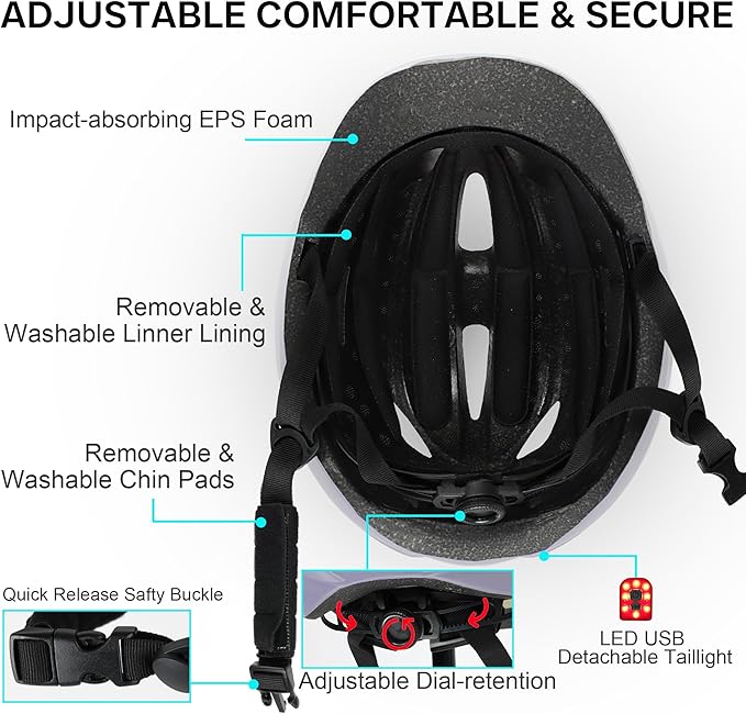 Bike Helmet Adult Urban:Bicycle Helmet for Men Women with USB Charge Detachable Taillight Helmets for Commuter Cycling Scooters