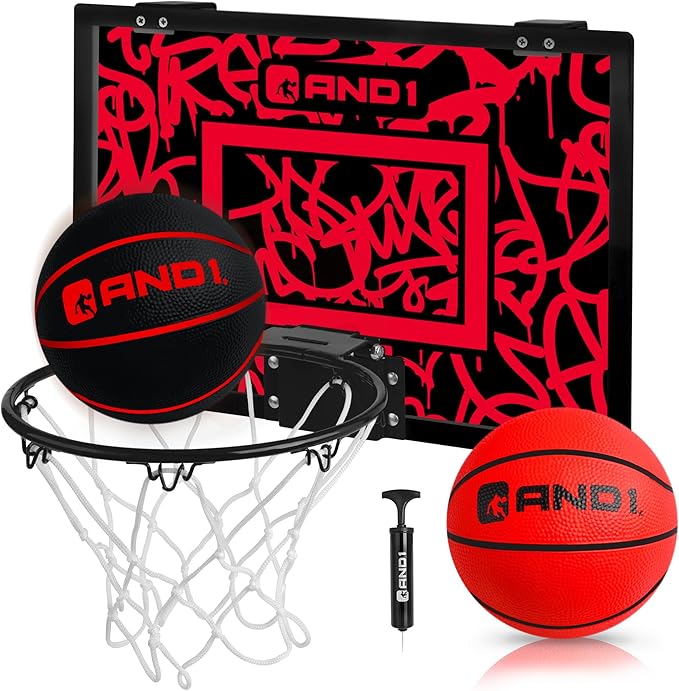 AND1 Over the Door Mini Basketball Hoop: 18x12 Shatterproof Backboard, 2 Mini Basketballs, and Hand Pump Included- Ultimate Indoor Basketball Accessory for Kids and Adults, No Tools Required