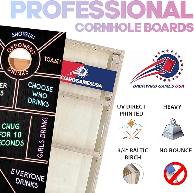 CornholeGamesUSA Pro Cornhole Boards Set | Made in USA | 3/4 Baltic Birch | No Bounce | Triple Thick Legs | Two Brace & Handles, Tournament 2x4 Regulation Set with Score Tower & Cornhole Bags