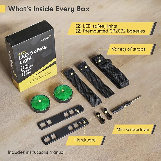 Everbeam E100 LED Safety Lights for Walking at Night - Waterproof Bike LED Light Excellent for Runners, Cycling, Dog Walking, Kayaking-Bright Clip On LED Light, Many Straps for Wearing - 2 Pack, Green