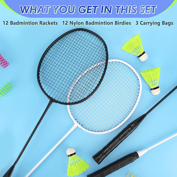 12 Pack Badminton Rackets Set Including Rackets, Nylon Shuttlecocks and Carry Bag for Outdoor Backyard Games Beginners