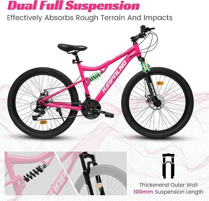 Mountain Bike 24 26 27.5 Inch, Dual Full Suspension Mens Womens Bike, 21 Speeds Dual Disc Brake Carbon Steel Bike, Boys Mens Mountain Bike for School Work Summer Camping, Birthday Gift Choice