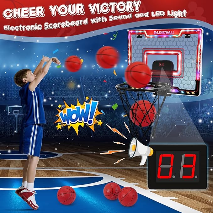 AOKESI Basketball Hoop Indoor for Kids,Portable Mini Basketball with Light,Electronic Scoreboard Over The Door Sport Basketball Toys Christmas Birthday Gift for 3-12 Year Old Boys Girls Adults