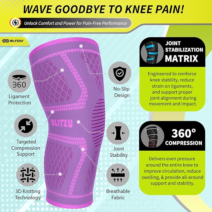 Knee Brace for Women & Men, 2 Pack Compression Knee Brace, Knee Support Sleeve for Pain Relief, Running, Workout, Sports, Knee Braces for ACL, Meniscus Tear, Arthritis and Injury Recovery Purple L