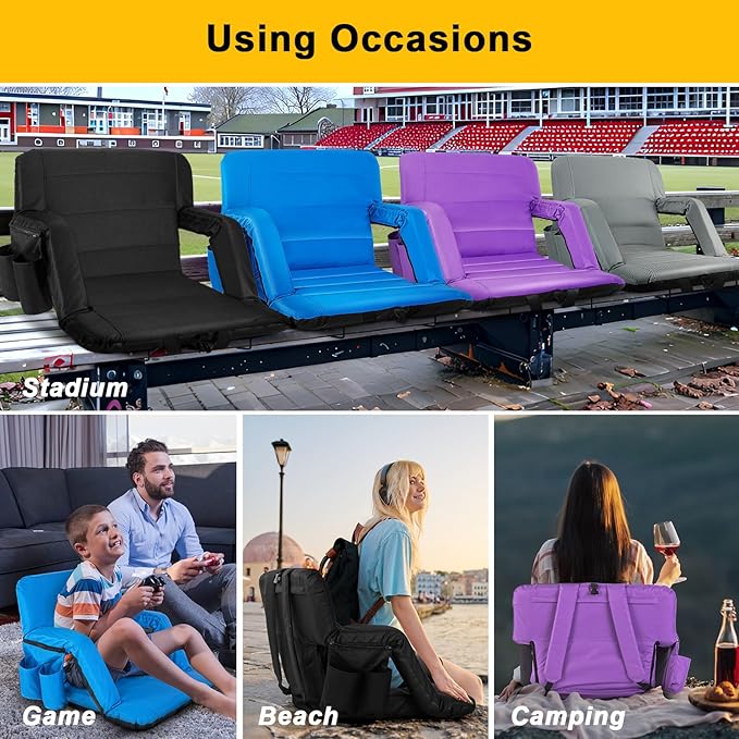 Stadium Seats with Back Support Wide, Exclusive Bleacher Chairs with Back and Cushion Folding Stadium Chairs, 6 Reclining Positions Waterproof Bleacher Seats with 2 Hooks (Wide|22.5" Grey)