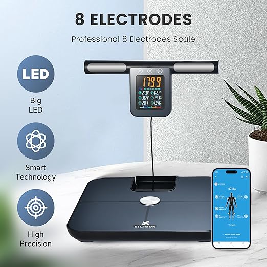 EILISON Smart Scale for Body Weight: 8-Electrode Precision Digital Bathroom Scale for Fat BMI 32 Muscle Body Composition Analyzer, Highly Accurate Weighing Machine, 400lbs (8 Electrode Grey Handle)