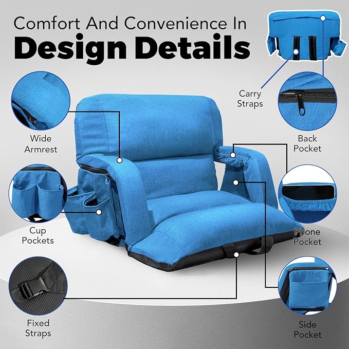 Extra Wide Stadium Seats With Back Support 2 Pack, Exclusive "Sofa Style" Design Thick Bleacher Chairs With Back and Cushion, 6 Reclining Positions - Ultimate Comfort for Sports Events (Blue, 25")
