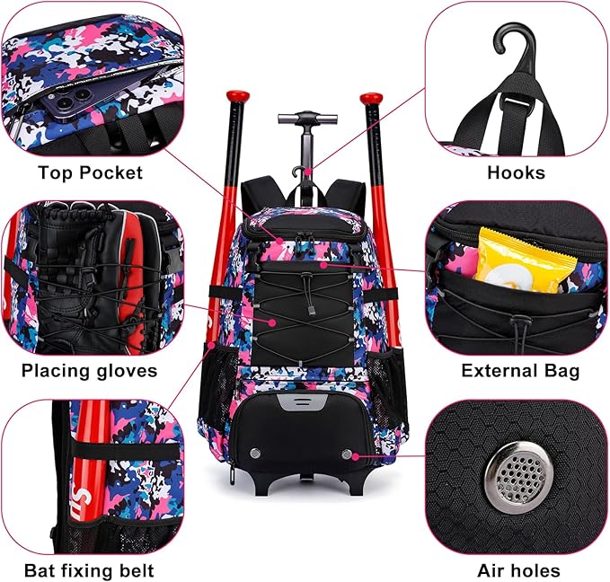Softball Bag, Baseball Rolling Bat Bag - Wheeled for Youth Girls Adult, Lightweight Equipment Backpack With Shoe Compartment, Fence Hook for TBall, Helmet