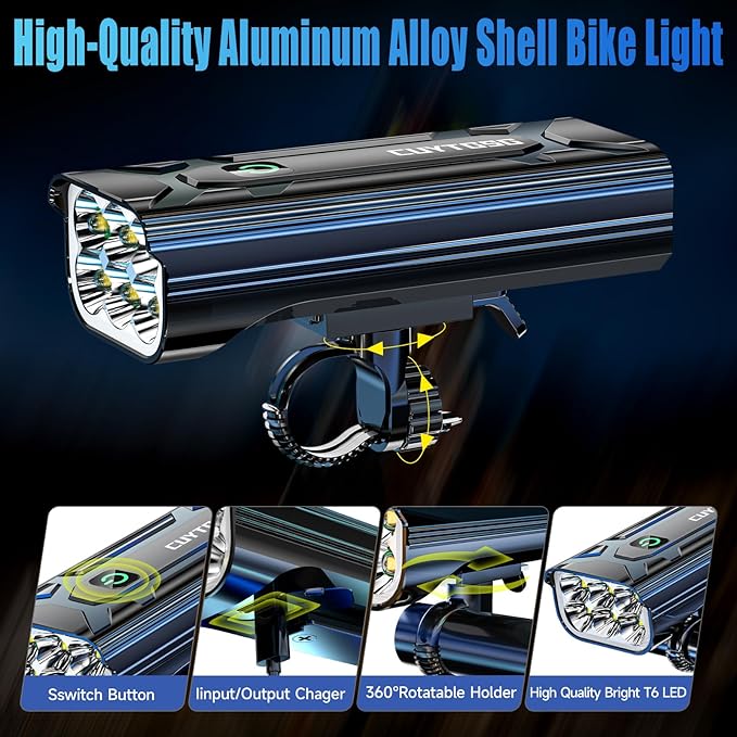 2025 Upgrade Super Bright Rechargeable Bike Lights for Night Riding,6 LED High Lumen 10 Mode Bike Headlight Taillight,360°Rotatable Brackt,Aluminum Front Lights,Runtime 48+ hrs,Shockproof Waterproof