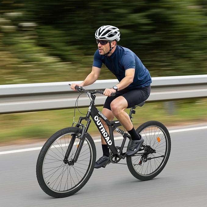 26 inch Mountain Bike, Outdoor Hybrid Bikes,7-Speed/High-Carbon Steel/Dual Full Suspension, for Men Women Adult, MTB Bicycle with Suspension Fork,Sleek Colors