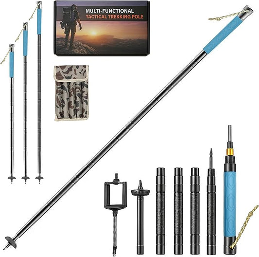 Multifunctional Tactical Hiking Stick – Lightweight Collapsible Trekking Pole with Survival Tools, Walking Staff for Camping, Hiking, Self-Defense, Outdoor Gear with Bag for Men, Dad, Husband (Black)