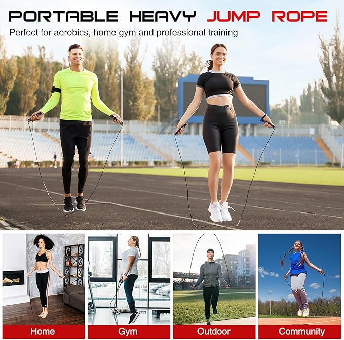Weighted Jump Rope for Men and Women 1 LB Ball Bearing Rapid Speed Skipping Rope for Workout Fitness Exercise Aluminum Handle Adjustable Length Fabric Cotton and Solid PVC