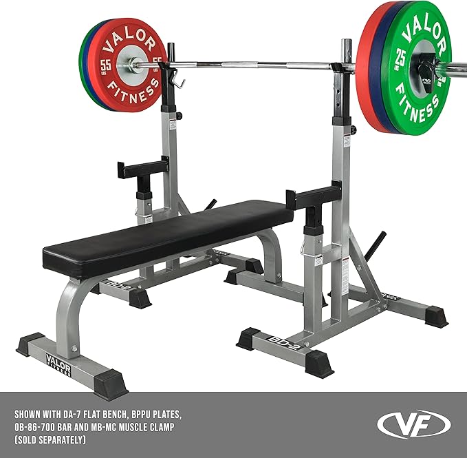 Valor Fitness Independent Squat and Bench Press Stands – Adjustable Uprights with J-Hooks, Bar Catches, Safety Arms, and Plate Storage – Strength Training Rack for Home Gym Workouts