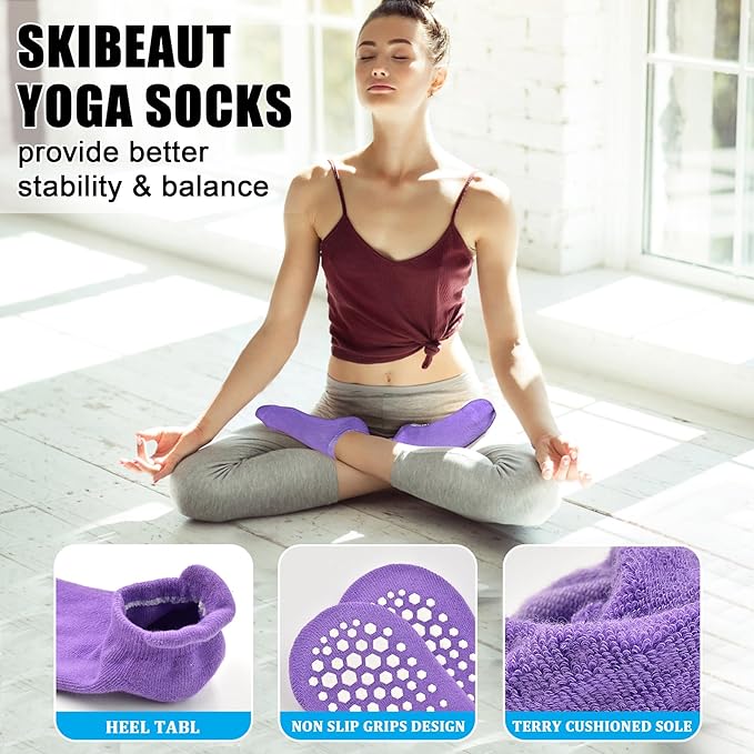 SkiBeaut Grips Non Slip Socks for Women, 4 Pairs Yoga Pilates Anti Skid Woman Hospital Gripper Socks (5-12)