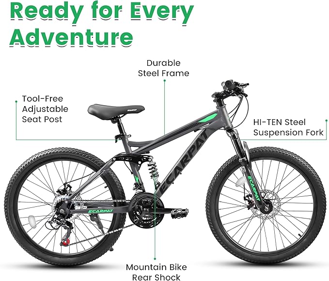 24/26/27.5 Inch Mountain Bike, Dual Full Suspension 21 Speed Womens Mens Mountain Bikes, Commuter Bike with Carbon Steel Frame and Dual Disc Brakes