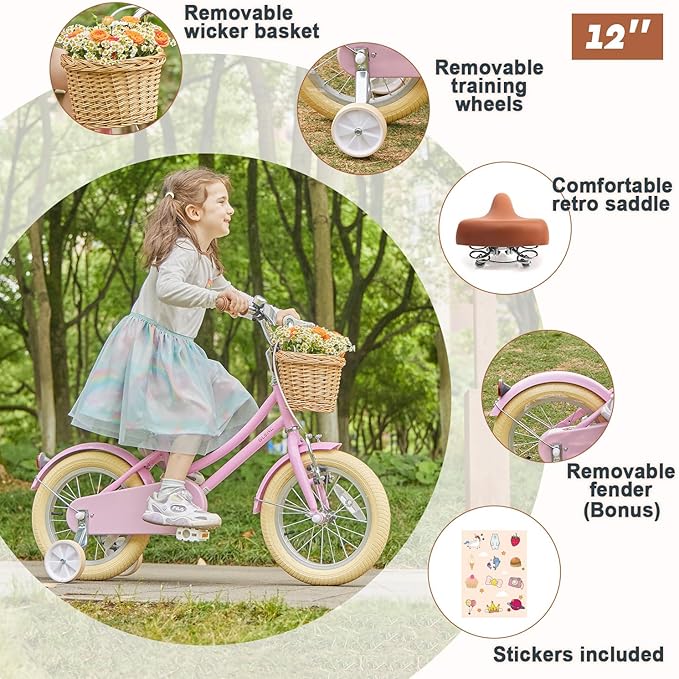 Glerc Little Molly 12-20 Inch Kids Retro Cruiser Bike for 2-13 Year Old with Wicker Basket & Training Wheels/Kickstand, Multiple Colors