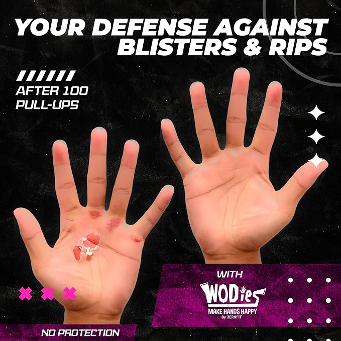 JerkFit WODies Gymnastics & Weightlifting Grips with Wrist Wraps – 3 Hole Versatile Gym Gloves for Pull Ups, Gym Training & Cross Training – Hand Grips Palm Protector for Men & Women