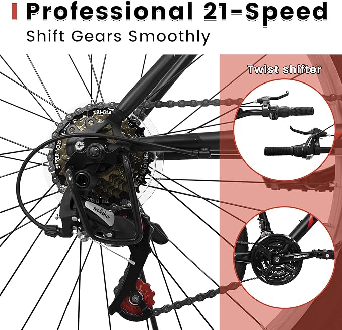 Mountain Bike 24 26 Inch, 21 Speeds Aluminum Frame/High-Carbon Steel Frame, Front Suspension Boys Girls Sport Bike, Adult Teens Bicycle for City Commuters, Summer Ride and Short Trip Camping