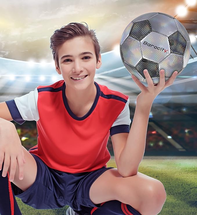 Soccer Ball - Premium Boy and Girl Official Match Ball with Cool Reflective Iridescent Rainbow Hex Pattern, Durable, Indoor, Outdoor, Training, Practice, Playtime and Games