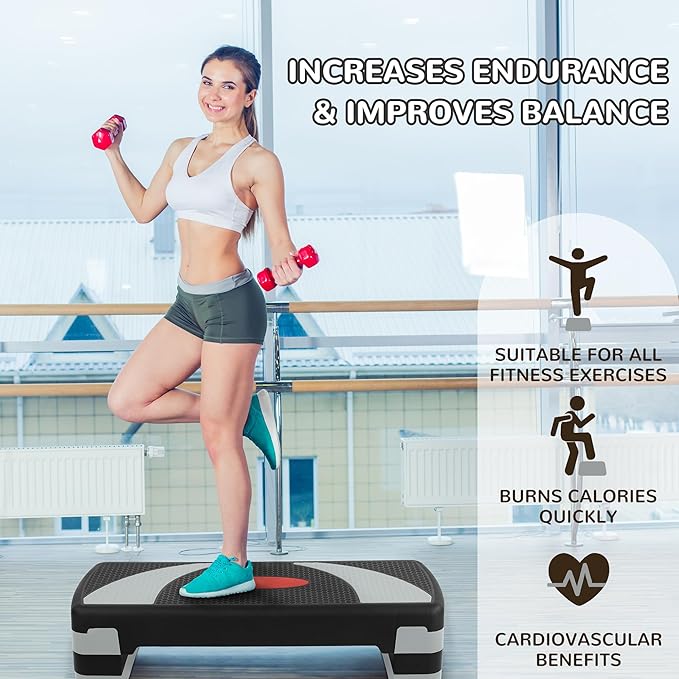 Fitvids Step Aerobic Platform, 31" Exercise Step with 3 levels Adjustable Height, 4 Stackable Risers, Fitness Training Workout Stepper for Home Gym, Cardio Strength, Black & Pink
