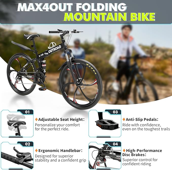 26 inch Folding Mountain Bike, Carbon Steel Frame and 21 Speed, Double Disc Brake and Dual Suspension Folding Bike for Adults/Men/Women, Easy Assembly Bicycle(Black/Green/Orange)