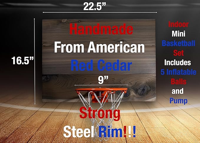 Elite Mini Basketball Hoop & Ball Set, Wall Mount, Indoor Made in The USA Cedar Backboard. Includes 9” Hoop, Net, Pump & 5 Mini Basketballs.