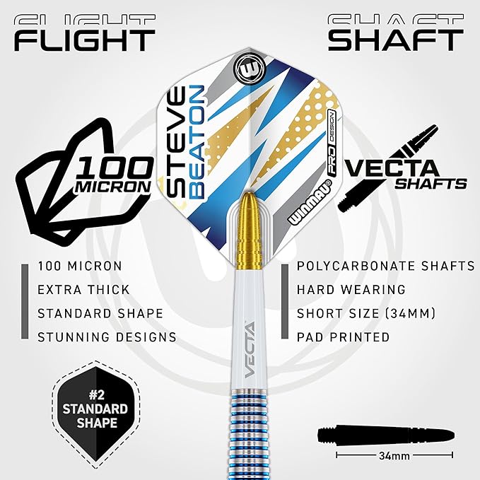 WINMAU Darts - Professional Player - Steve Beaton Legacy Edition 90% Tungsten Darts Set with Dart Flights and Dart Shafts (Stems) – Available in Soft and Steel Tip - Available weights 18g, 22g and 24g