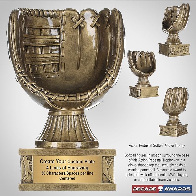 Decade Awards Action Pedestal Softball Glove Trophy – Engraved Game Ball Holder Display – Custom Softball Award for MVPs, Coaches, Players, Teams – Celebrate Wins – Customize Now (8 Inch)