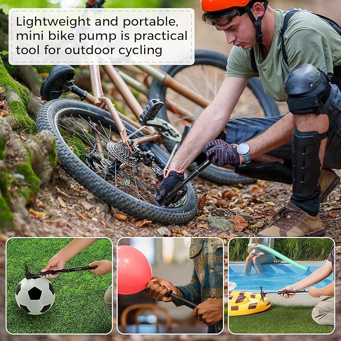 NUWAB Mini Bike Pump, 10 Inch Portable Hand Bicycle Pump, 100PSI, Support Shrader and Presta, Fast Air Out Ball Pump, Work with All Bikes and Balls, Swimming Ring, Come with Ball Needles, Nozzles