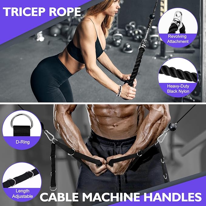Cable Machine Attachments Set: LAT Pulldown Attachments Bar for Home Gym Accessories Tricep Rope Double D Handles