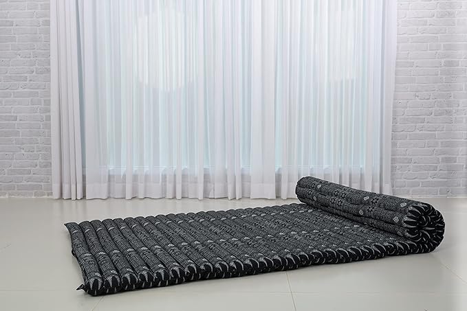 Leewadee - Kapok Roll Mat – Handcrafted Folding Sleep & Relaxation Mattress from Thailand, Ideal as Guest Bed, Camping Mat, Yoga Mat or Traditional Futon, 75 x 39 inches, Black