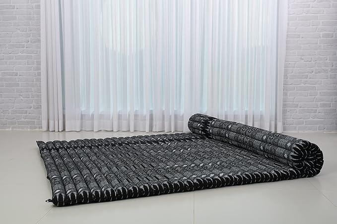 Leewadee - Foldable Floor Mattress - Japanese Roll Up Futon -Trifold Tatami Mat- Guest Floor Bed - Camping Mattress - Thai Massage Mat, Kapok Filled, 75 x 57 inches, Black