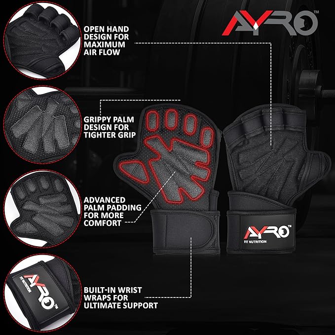 AYRO Workout Gloves for Men & Women – Ventilated Weight Lifting Gloves with Wrist Support - Gym Gloves for Men, Breathable Palm Padding, Non-Slip Grip – Ideal for Gym, Fitness, Cross Training