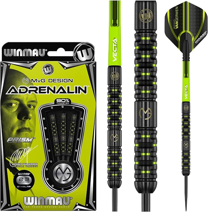 Winmau Michael Van Gerwen MvG Adrenalin 90% Tungsten Darts Set with Flights and Stems (Shafts)