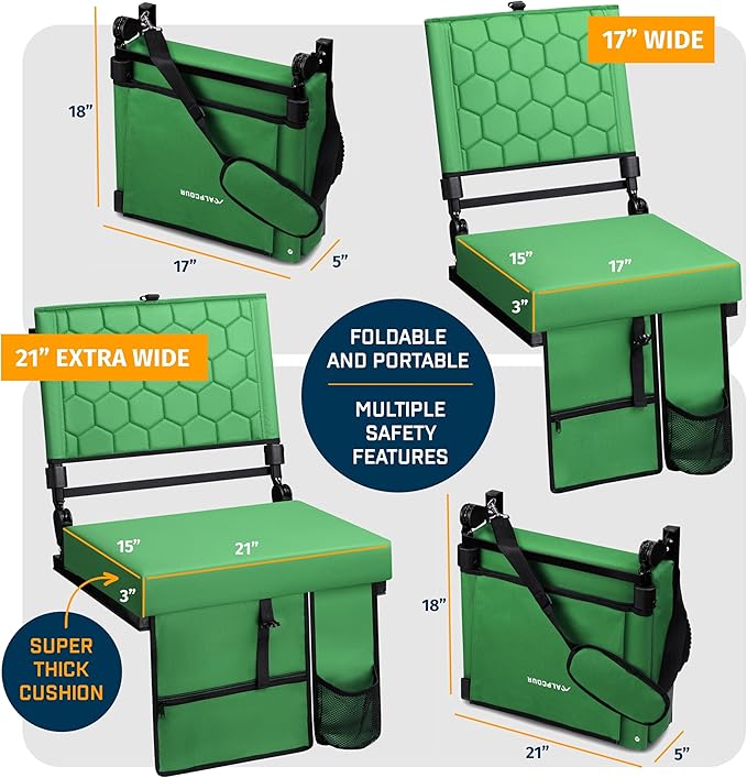 Extra Wide Folding Reclining Stadium Seat with Back Suppot for Bleachers, Bleacher Hooks, Thick Cushion, Cup Holder, Storage Pockets – Portable Chair for Kayak, Canoe, Paddle Board, Concerts, & Sports